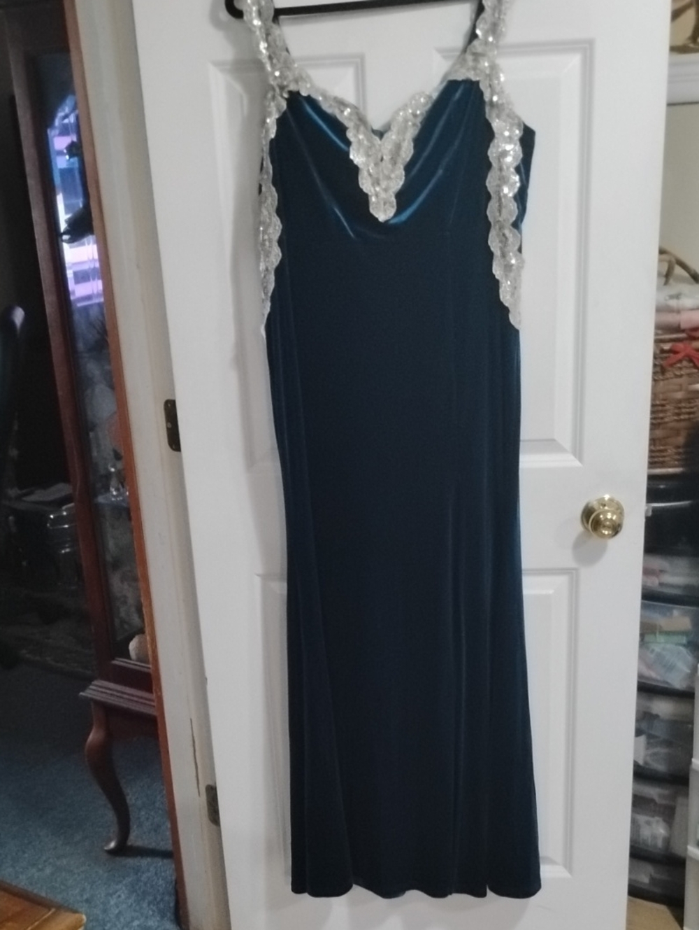 Elegant Navy Blue Velvet Maxi Dress with Silver Lace Trim